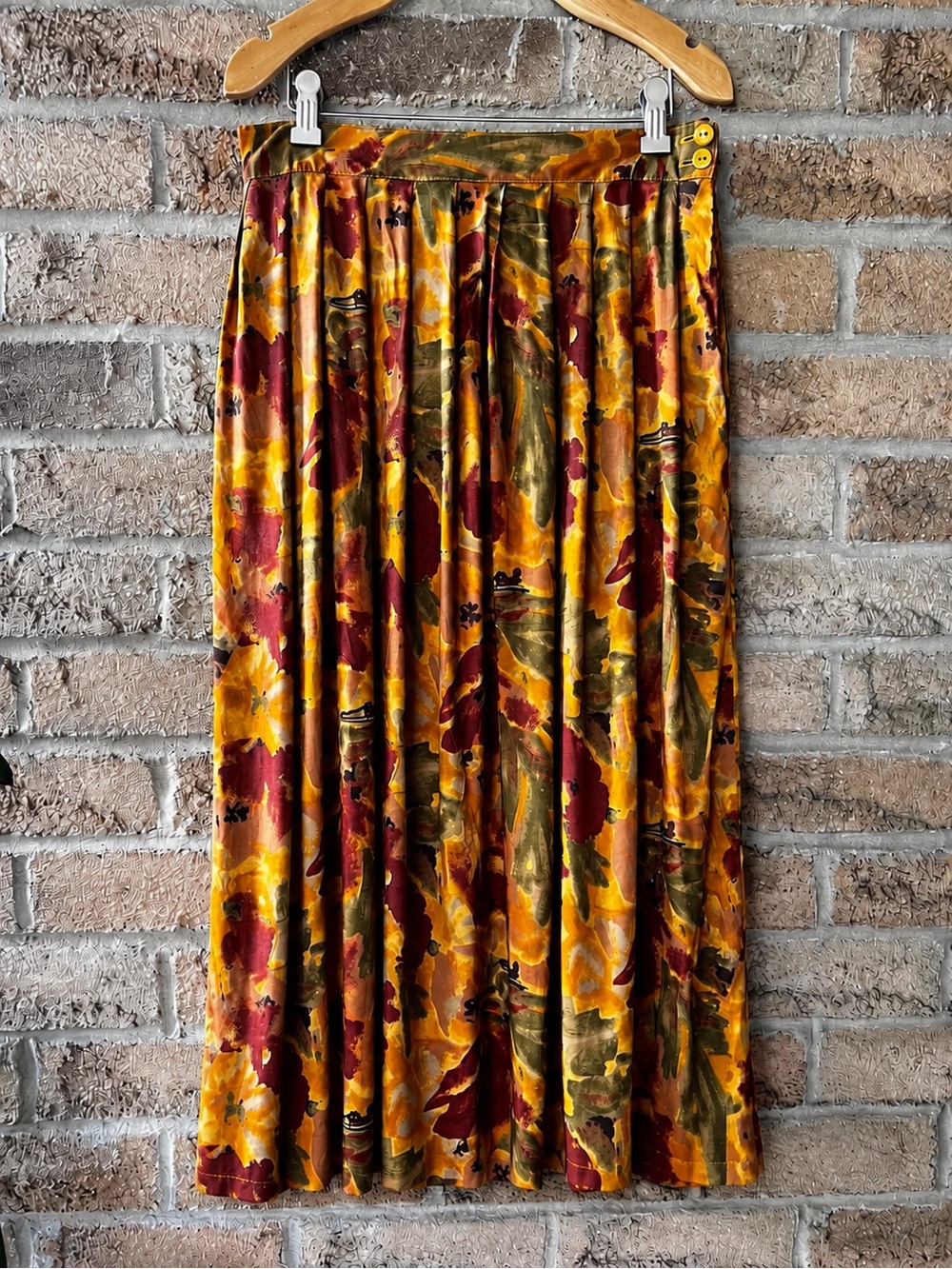 TRENDS Vintage Pleated Floral Midi Skirt Elastic Waist Pockets Fall